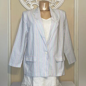 Cricket Lane womens blazer XL 16 petite 16p jacket seersucker stripe vtg pastel